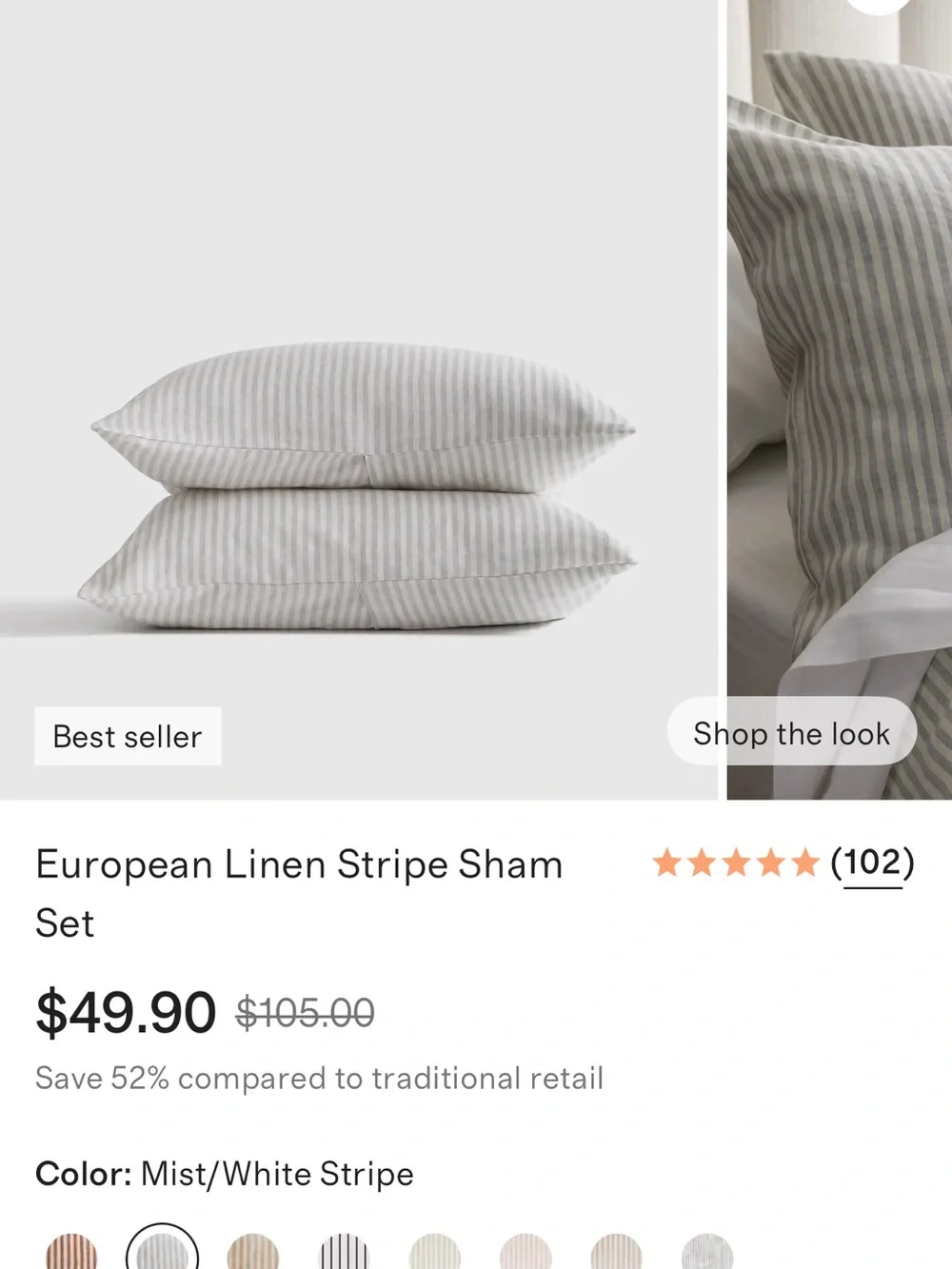 New Quince European Grey Striped Linen Pillowcase Set - Retail is 50